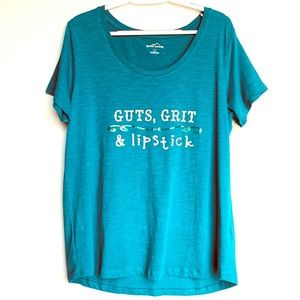 GUTS, GRIT & LIPSTICK teal Eddie Bauer iridescent short sleeve large shirt